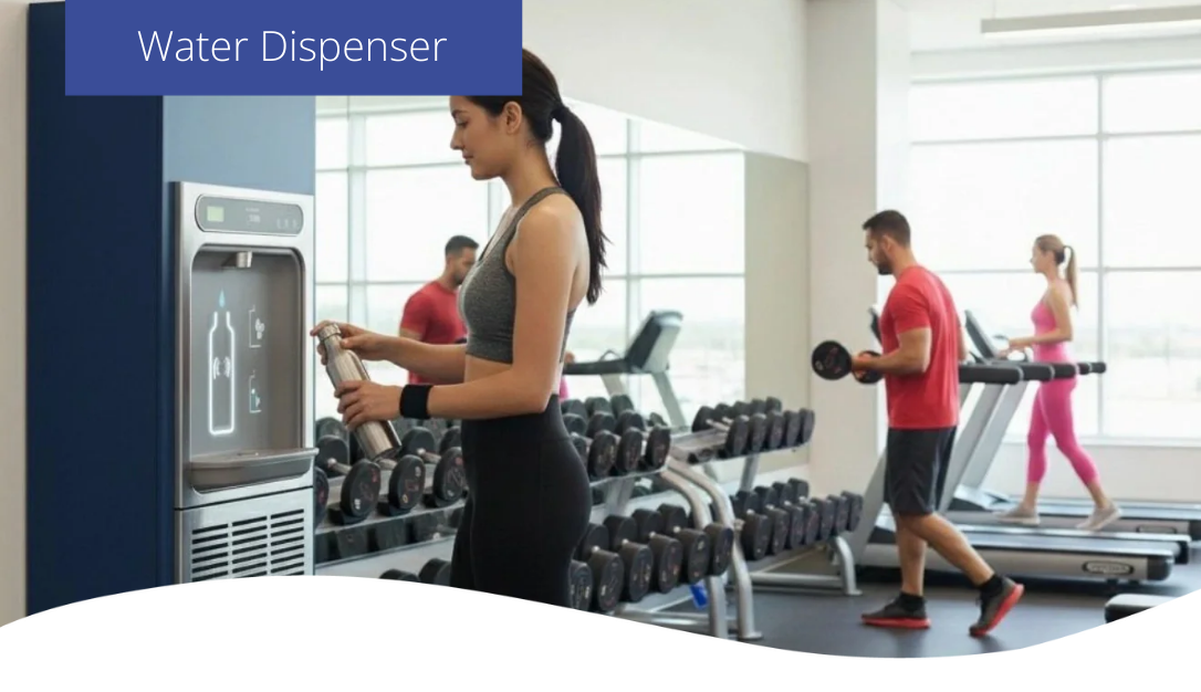 A woman using a bottle filling station in a gym
