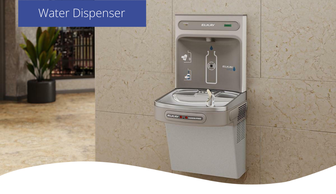 An Elkay bottle filling station in an office lobby