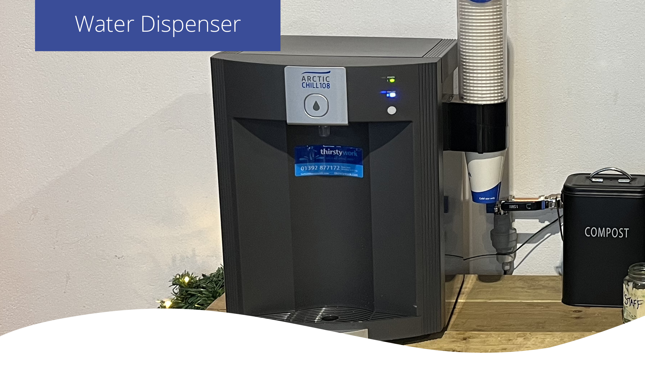 pou water cooler or mains fed water dispenser on a desk