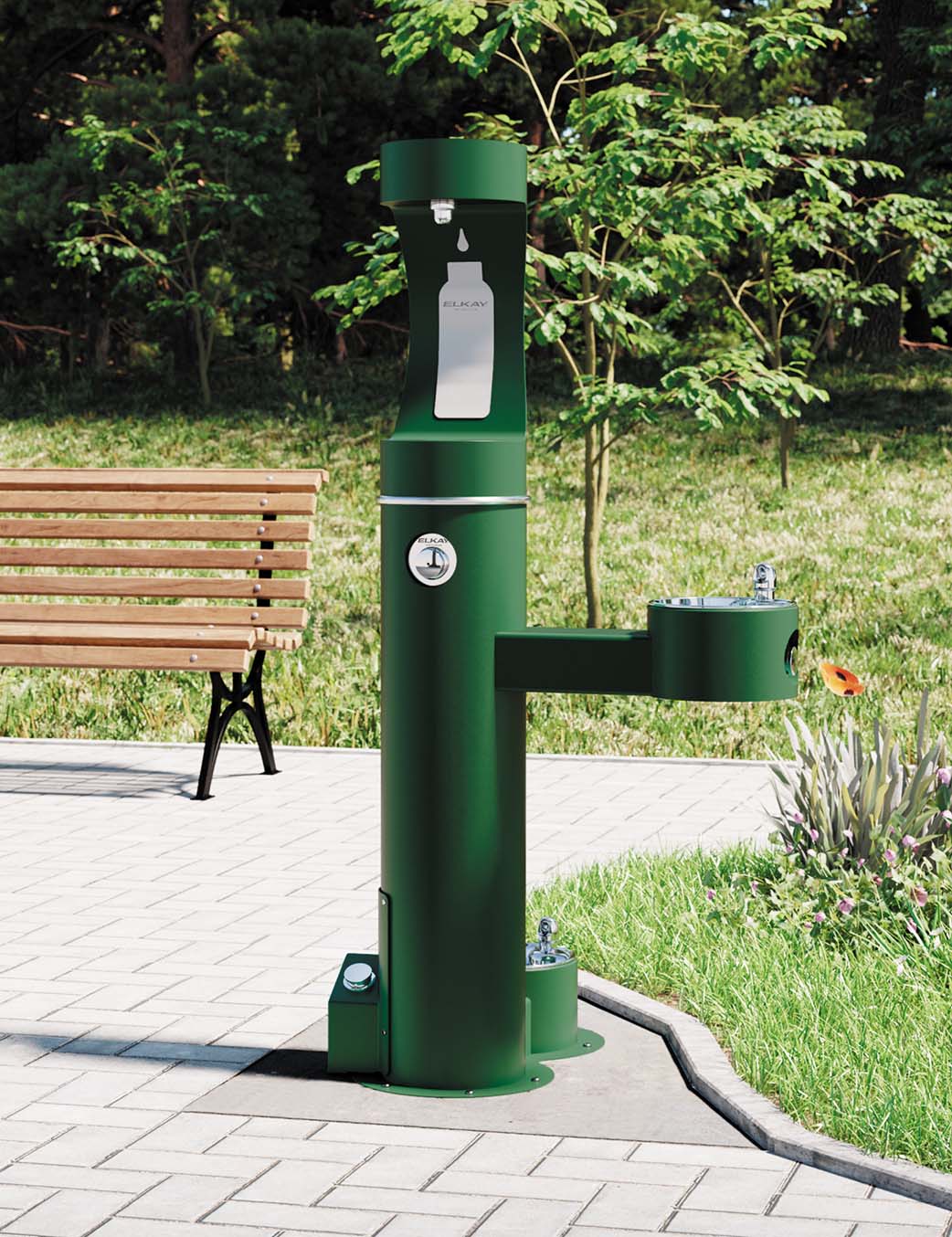 Elkay-Bi-Level Outdoor Pedestal Floor Standing Manual Bottle Filling Station and Pet Bowl