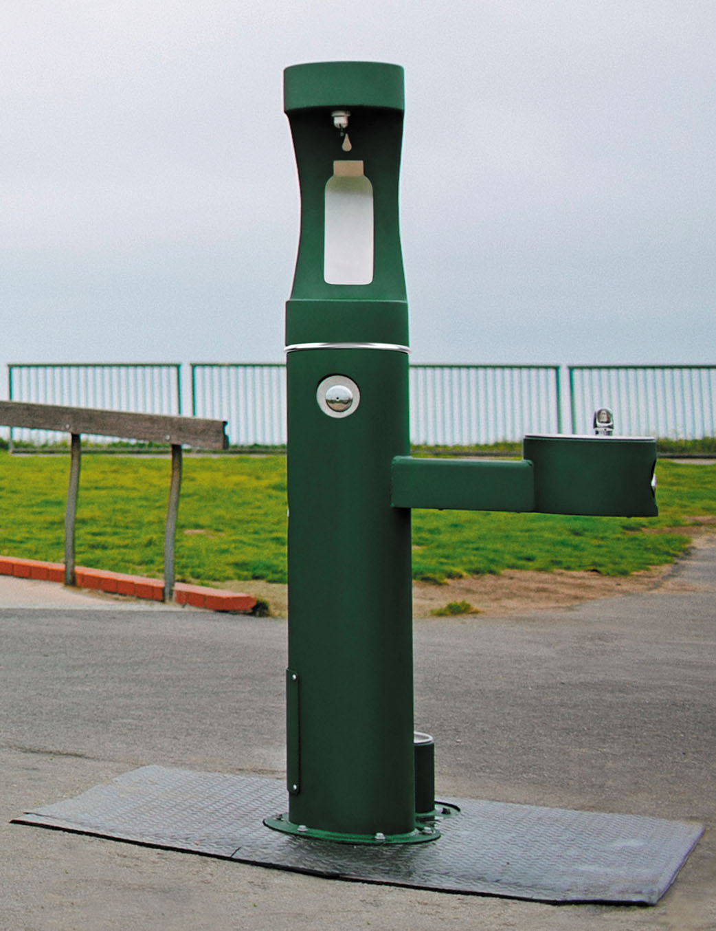 Elkay-Bi-Level Outdoor Pedestal Floor Standing Manual Bottle Filling Station and Pet Bowl