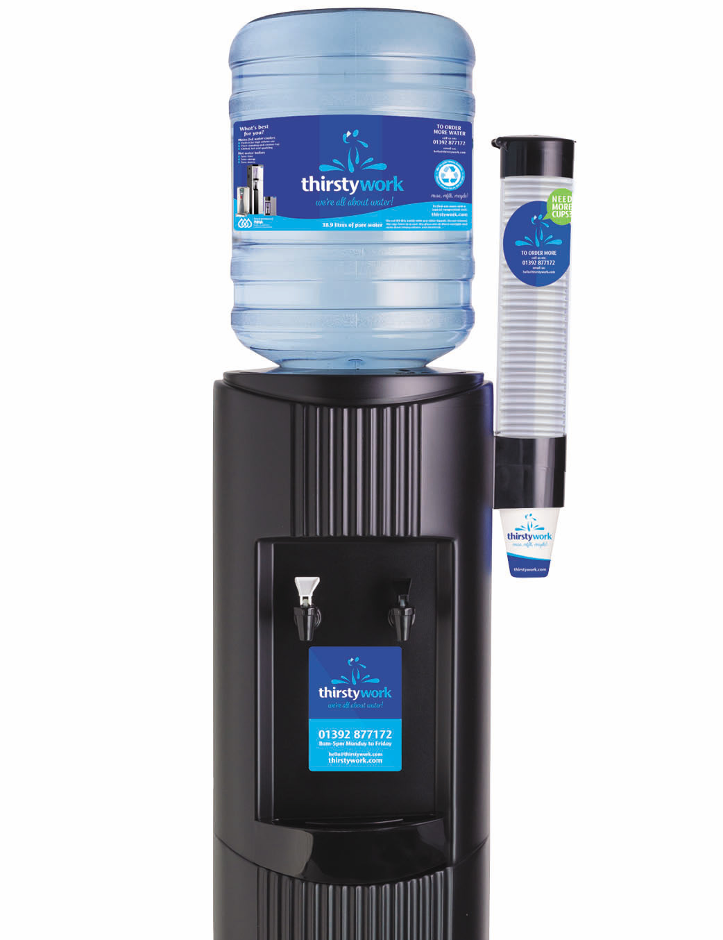 black bottled water cooler with 18.9l spring water bottle