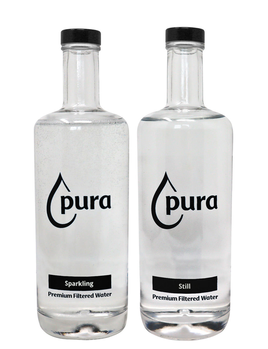 PuraServe Refillable Glass Water Bottles Black Caps